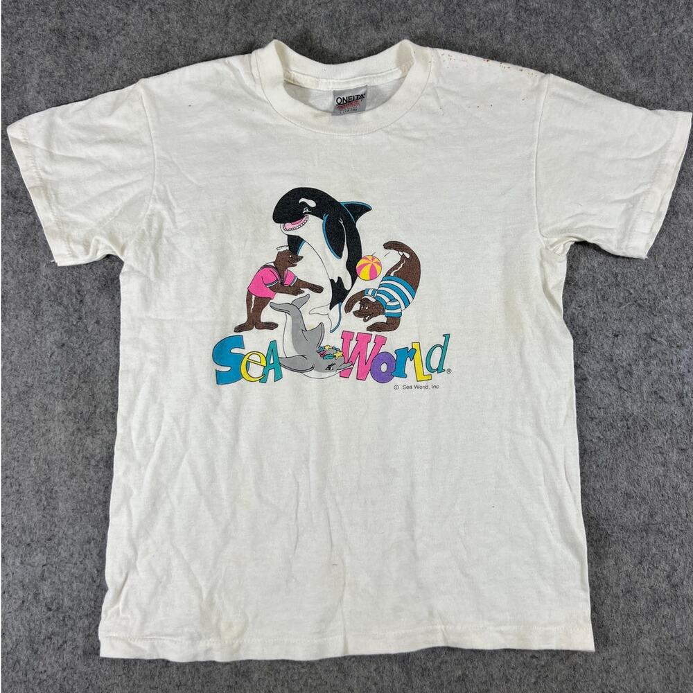 Vintage 90s Sea World Shirt Youth Large White Shamu Dolphin Graphic Tee USA